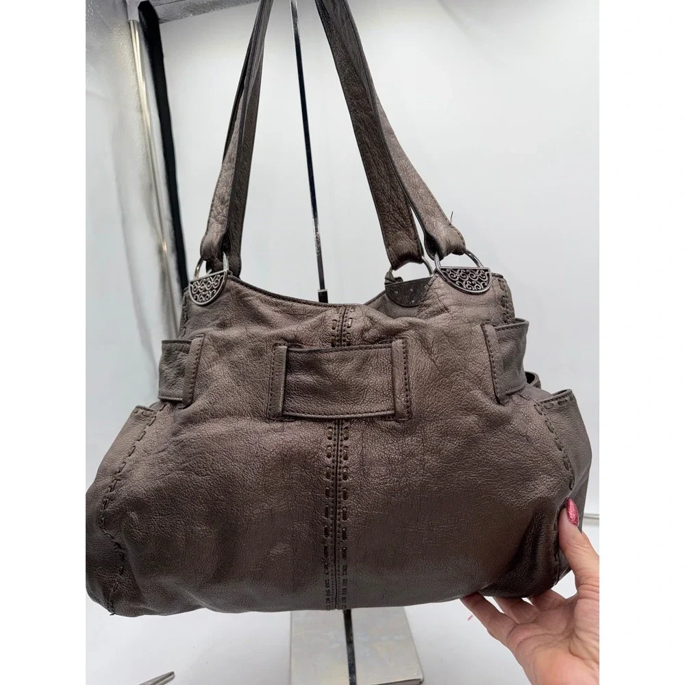 Brighton Metallic Pewter Leather Bow Hobo Shoulder Bag Silver Heart A301748 - Picture 10 of 12